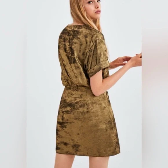Zara TRF Collection Gold Metallic Wrap Dress Womens Size XS Short Sleeve - Picture 5 of 12
